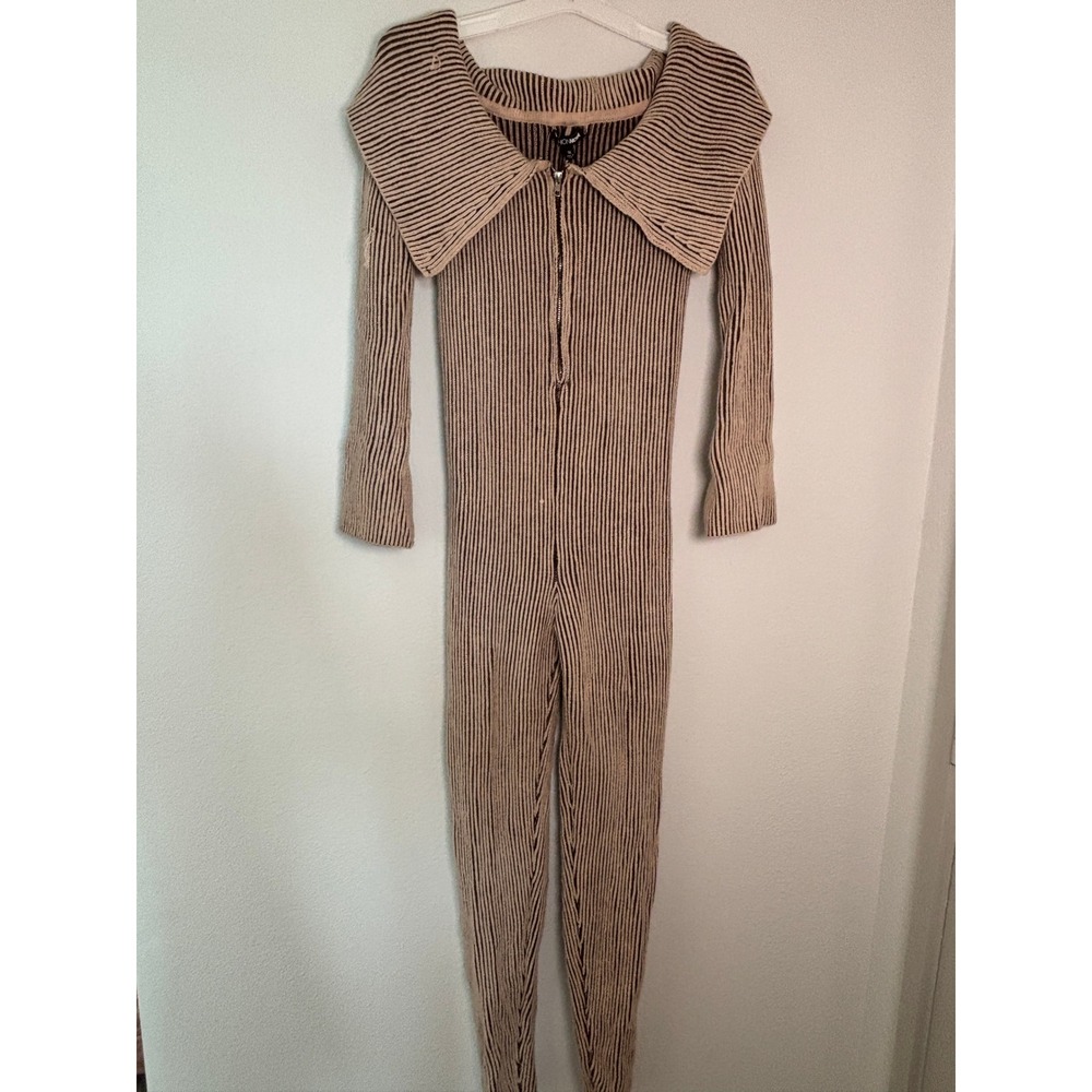 Fashion Nova Striped Ribbed Knit Jumpsuit Tan Brown Zip Front 1X NEW